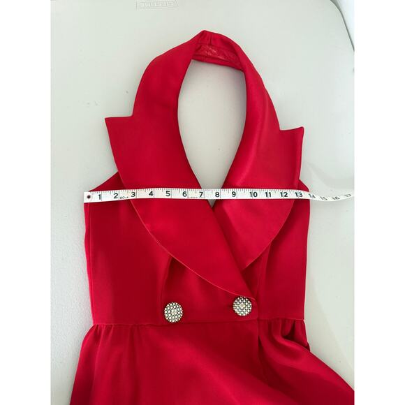 Vintage Vtg 80s 90s Huey Waltzer Red Satin Lapel Halter Cocktail Mini Dress US 2 - Picture 8 of 11